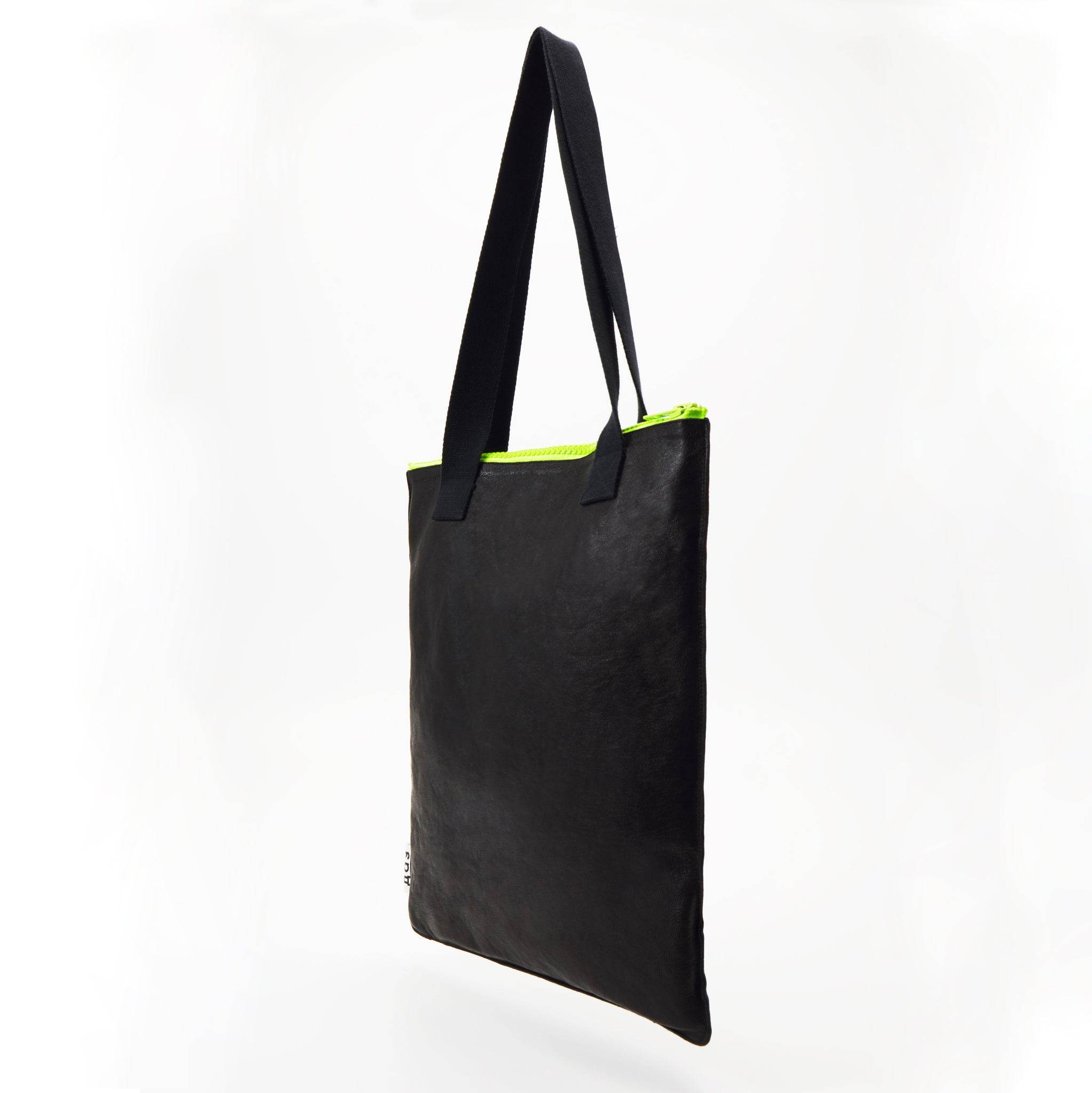 Handgefertigte Leder Tragetasche - Schwarz mit Neon-Reißverschluss - Vanelion-Taschenwelt